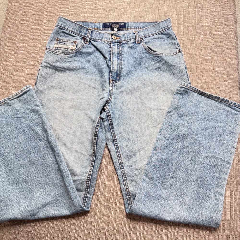 US Polo Assn Mens 34x34 Light Wash Straight Leg Denim Jeans American Flag Logo